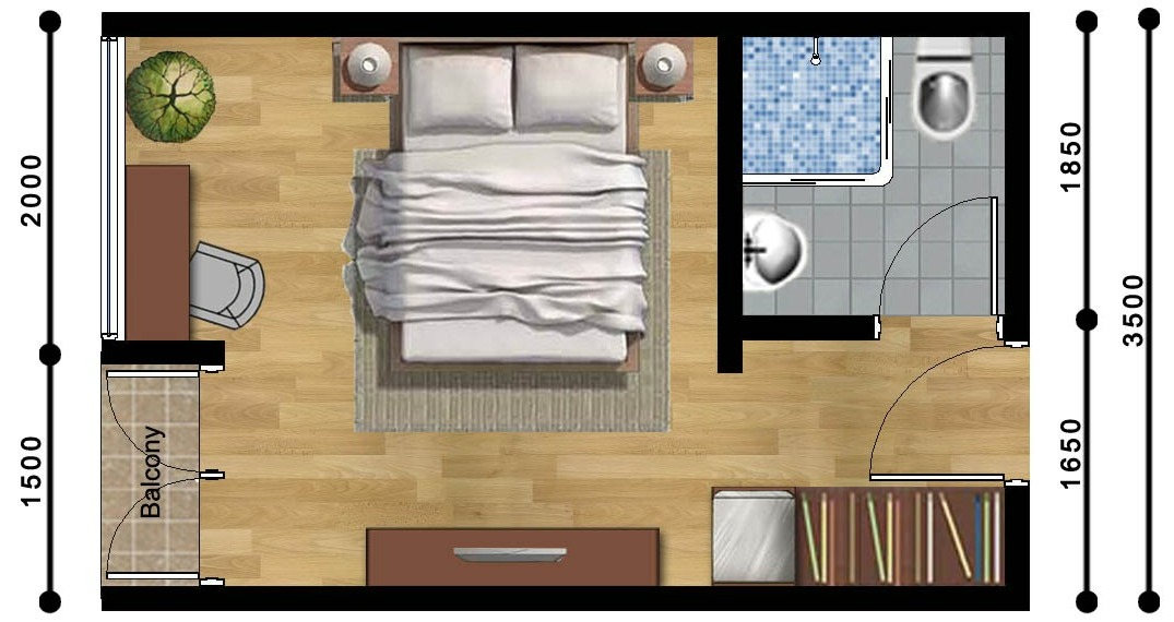 Denah kamar Studio 19 m²: tempat tidur, meja kerja, lemari, kamar mandi dalam, dan balkon